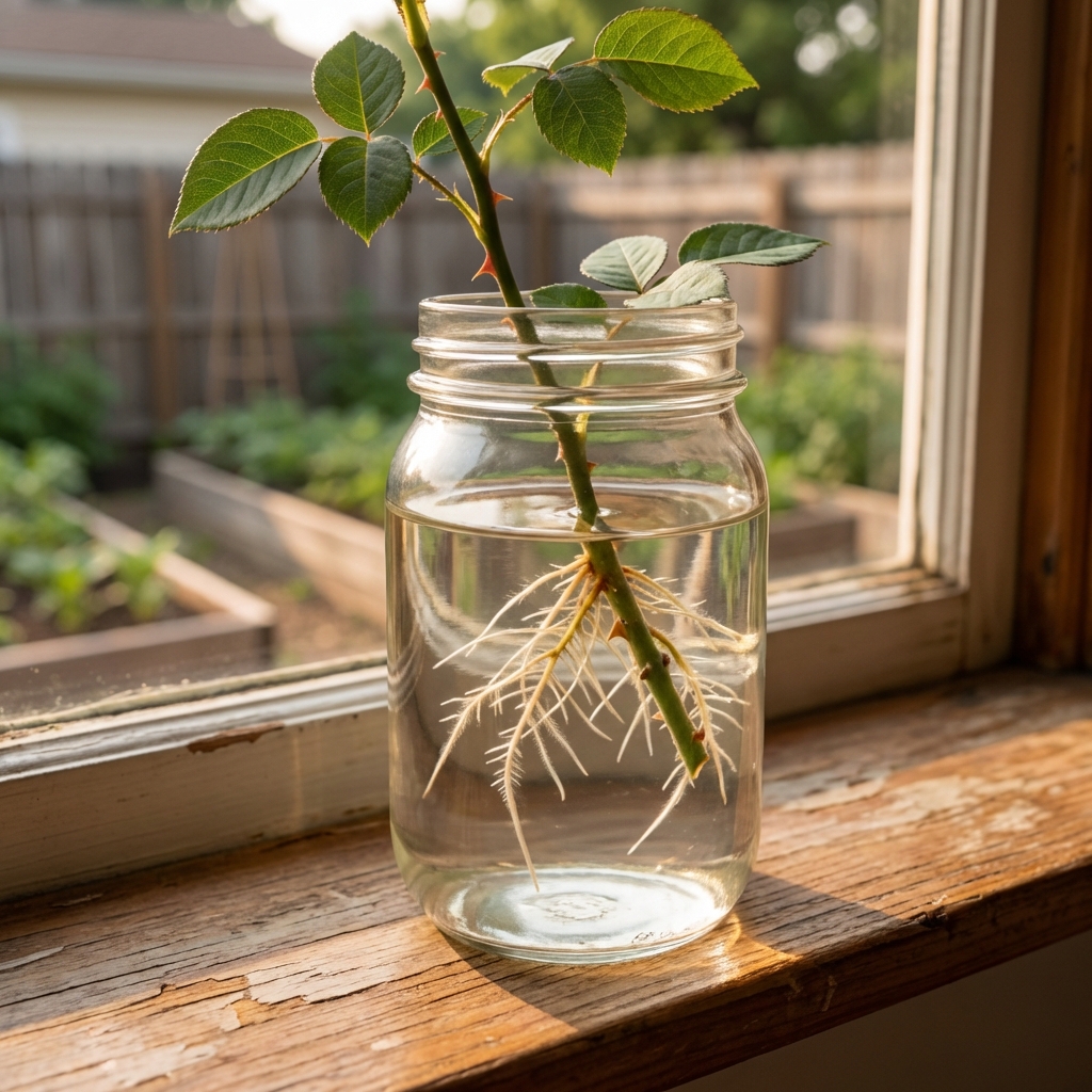 A glass jar on a windowsill holding a rose cutting with small white roots forming in clear water
