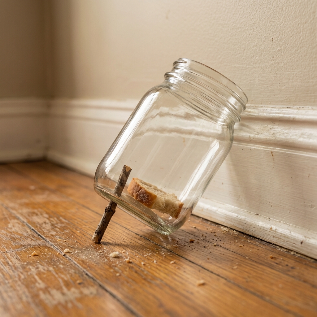 A glass jar trap on a kitchen floor against a wall with a small piece of bread inside