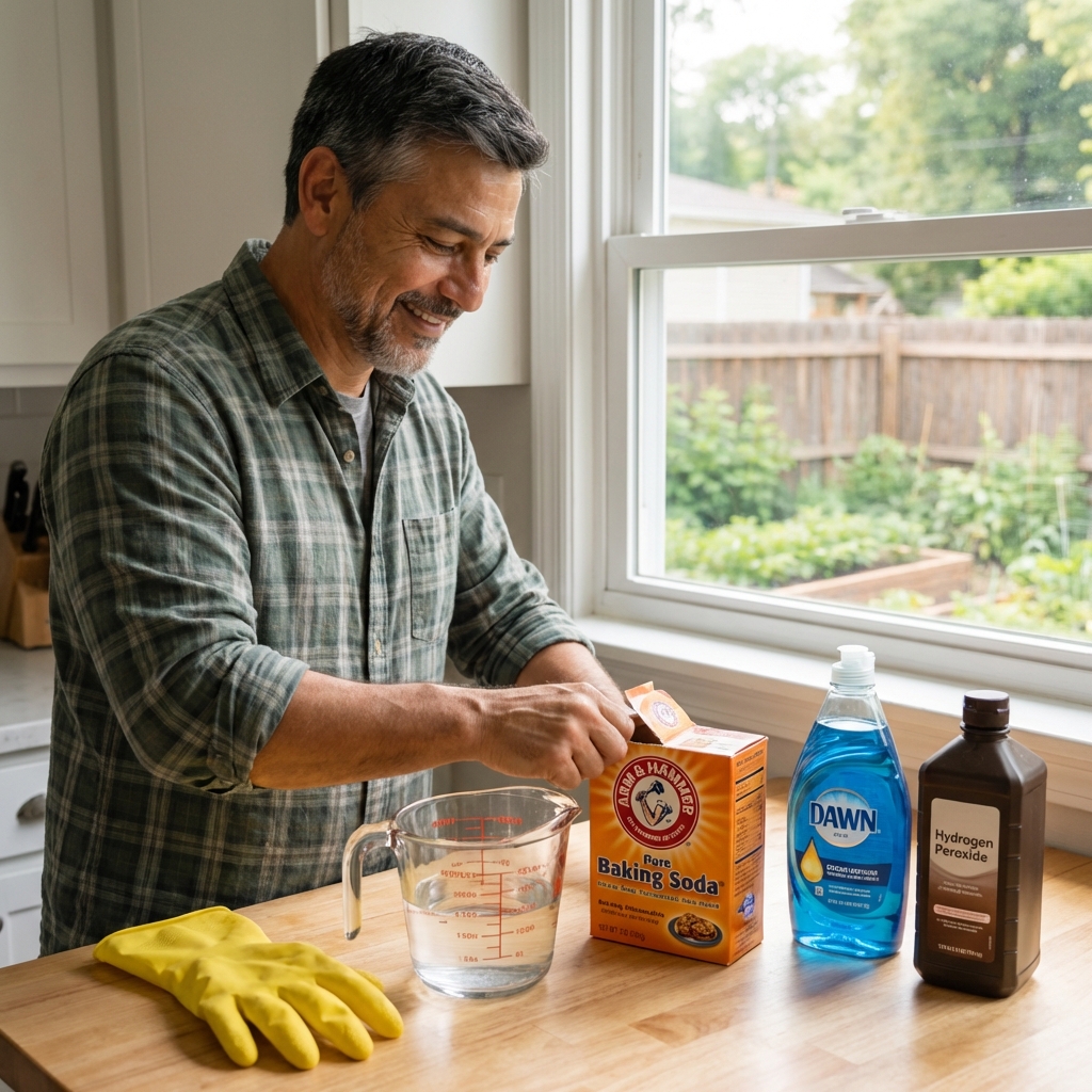 A glass measuring cup, baking soda, dish soap, and hydrogen peroxide on a kitchen counter with cleaning gloves nearby