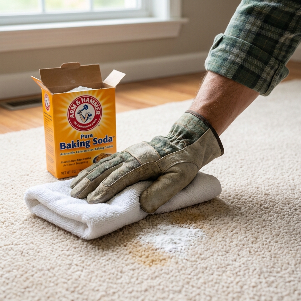 A gloved hand blotting a light-colored carpet with a towel next to an open container of baking soda