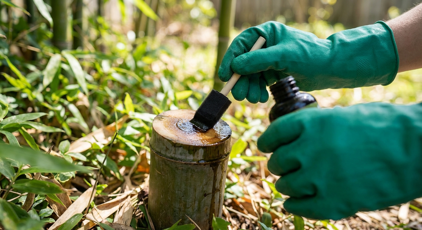A gloved hand using a small foam brush to apply liquid herbicide to the freshly cut top of a bamboo culm in a backyard, shallow depth of field, photorealistic