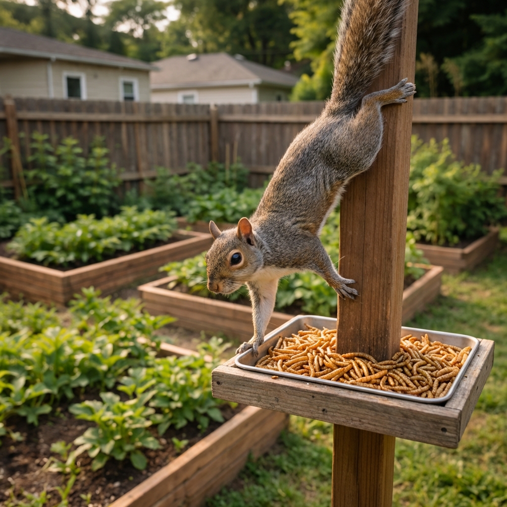 A gray squirrel perched on a backyard bird feeder reaching toward a small tray of mealworms