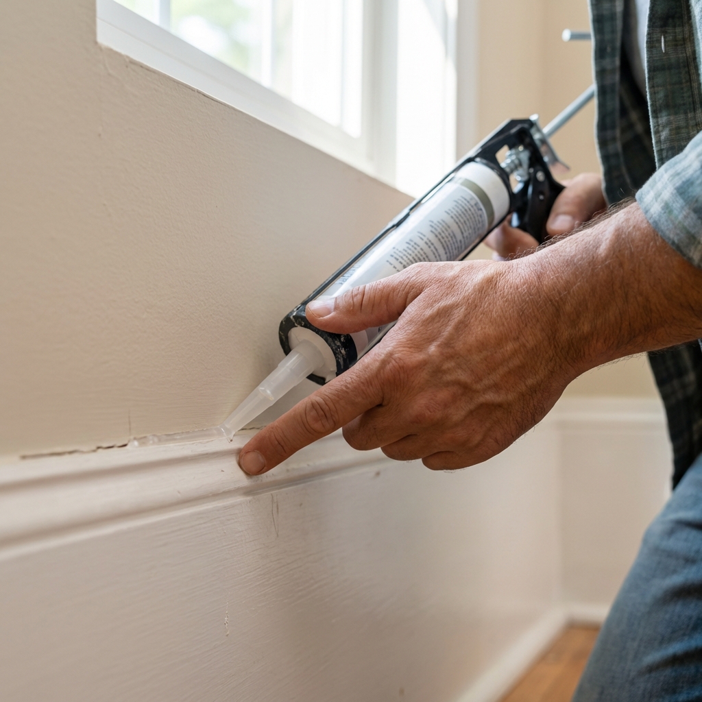 A hand applying clear caulk along a small crack where a baseboard meets the wall