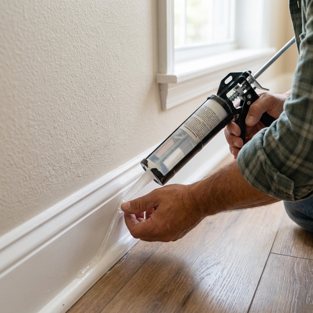 A hand applying clear caulk along the seam where a baseboard meets the wall