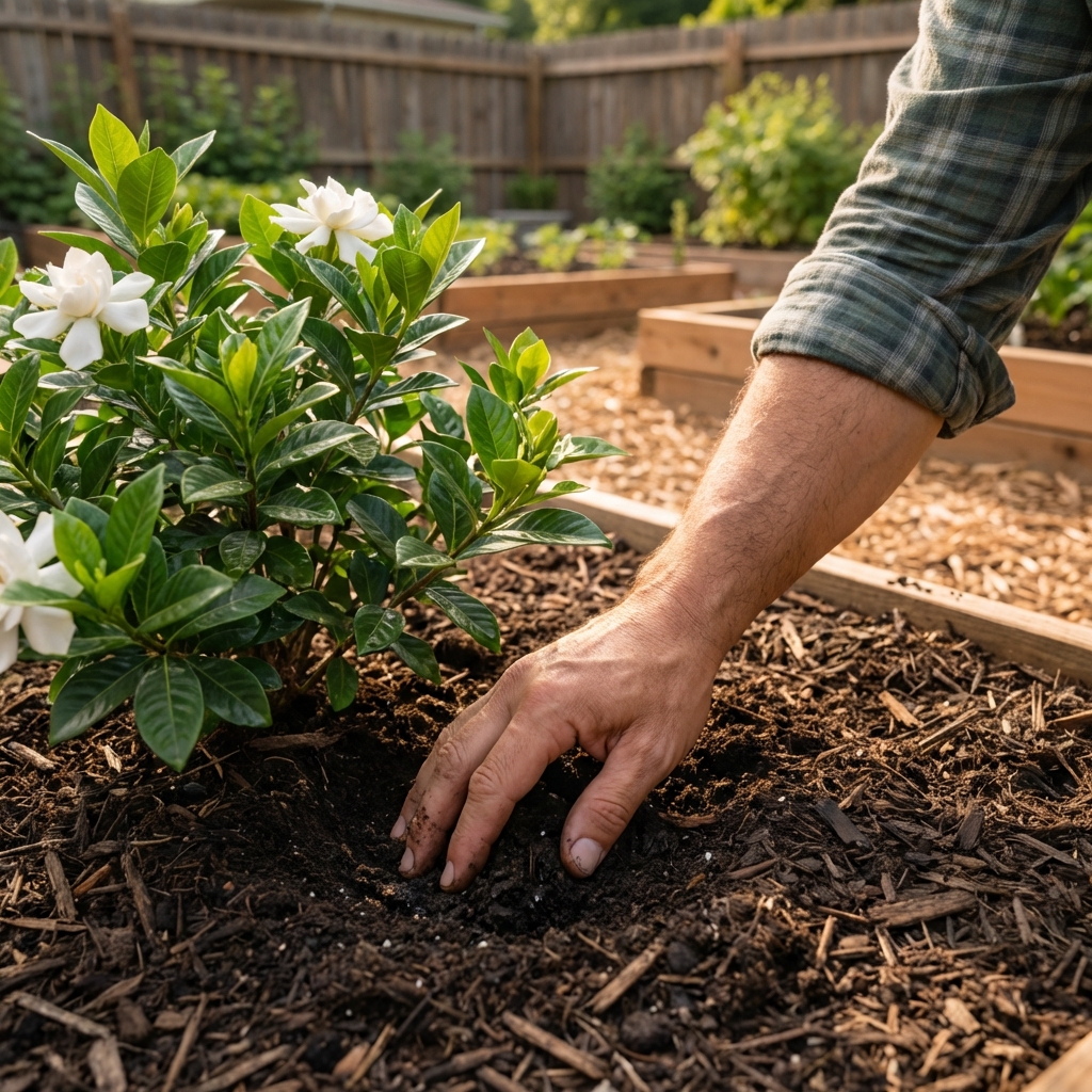 A hand checking moisture in the soil near the base of a gardenia plant in a mulched bed