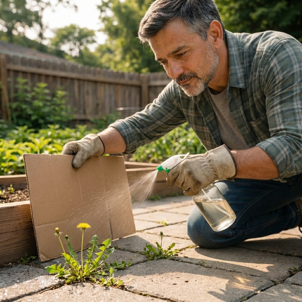 A hand holding a piece of cardboard as a shield while spraying weeds near the edge of a garden bed