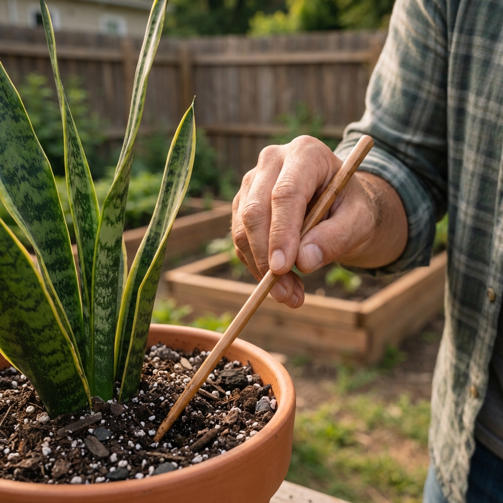 A hand holding a wooden chopstick above a snake plant pot with potting mix visible
