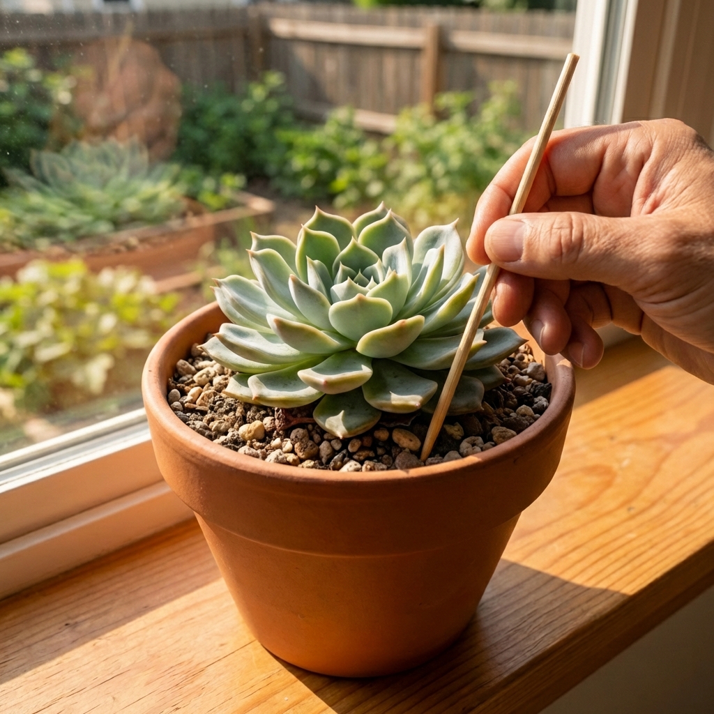 A hand holding a wooden skewer next to a small succulent pot with gritty soil