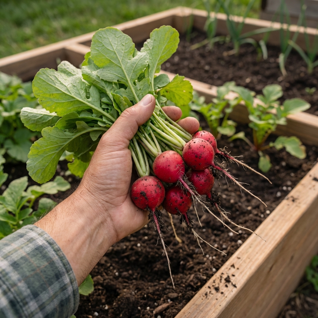 A hand holding freshly pulled red radishes with green tops in a garden bed