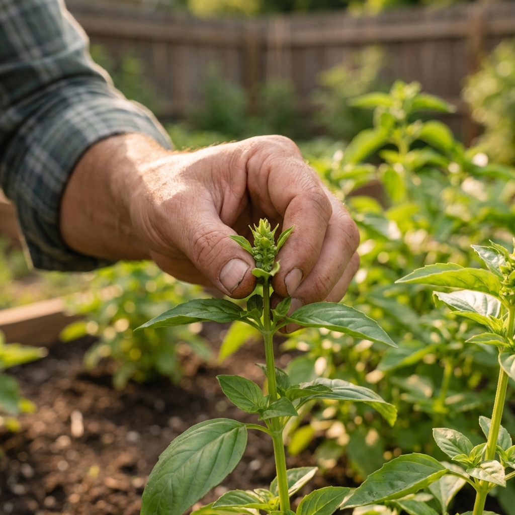 A hand pinching the top growth of a basil stem just above a pair of leaves