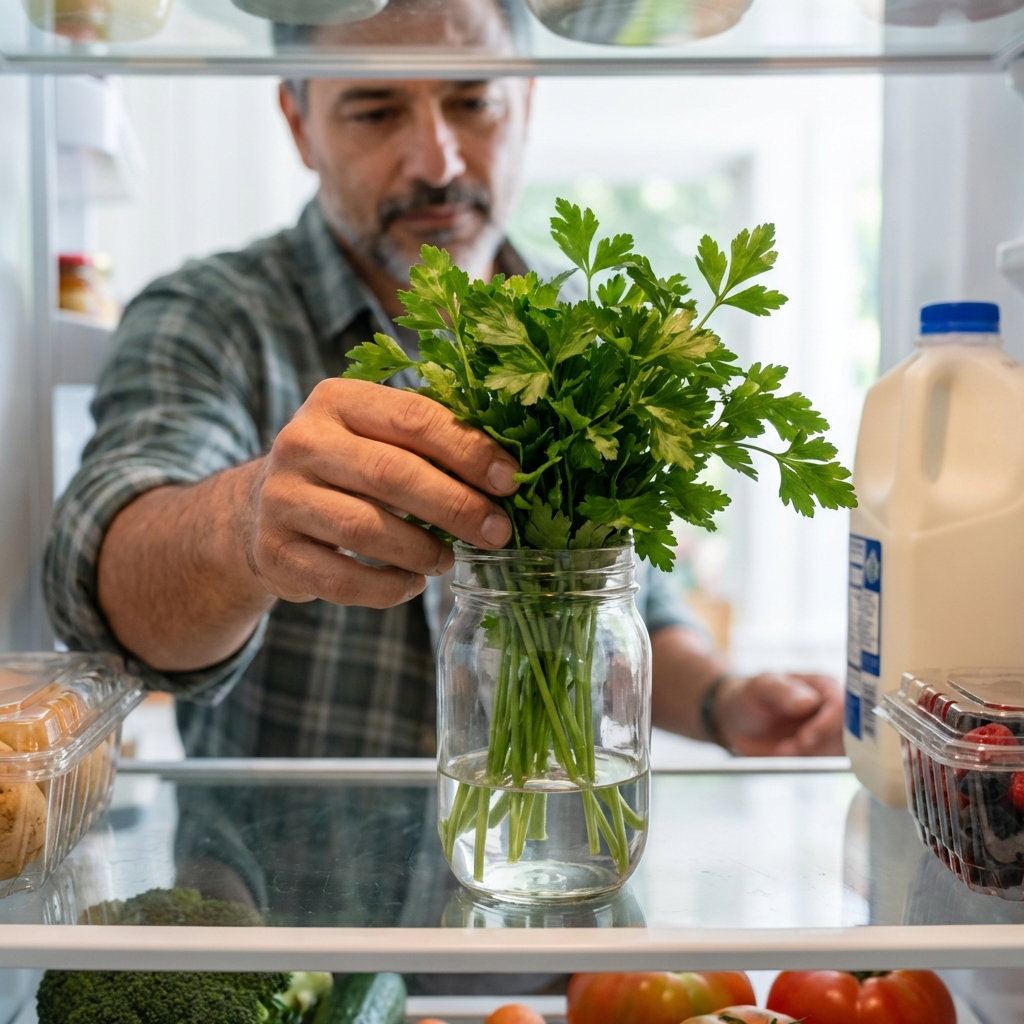A hand placing a bunch of parsley into a glass jar with a small amount of water in a refrigerator