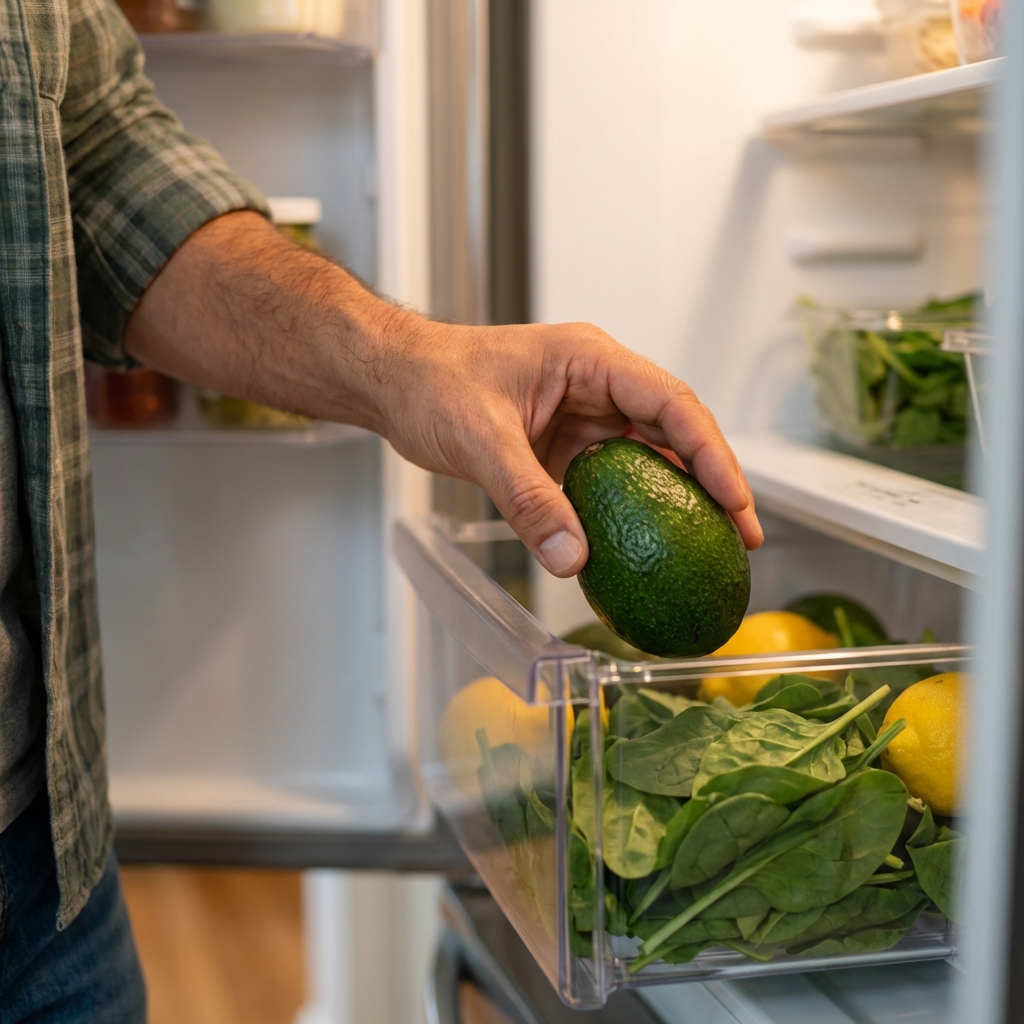 A hand placing a whole avocado into a refrigerator crisper drawer