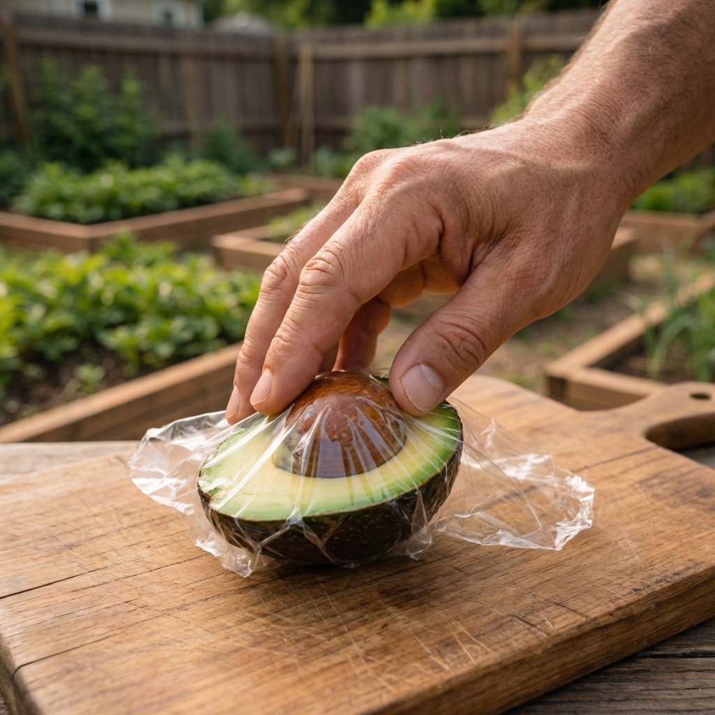 A hand pressing plastic wrap directly onto the cut surface of a halved avocado