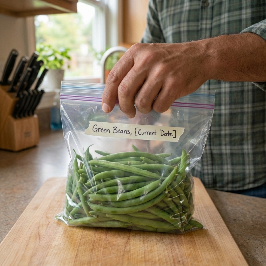 A hand sealing a labeled freezer bag filled with green beans laid flat on a cutting board
