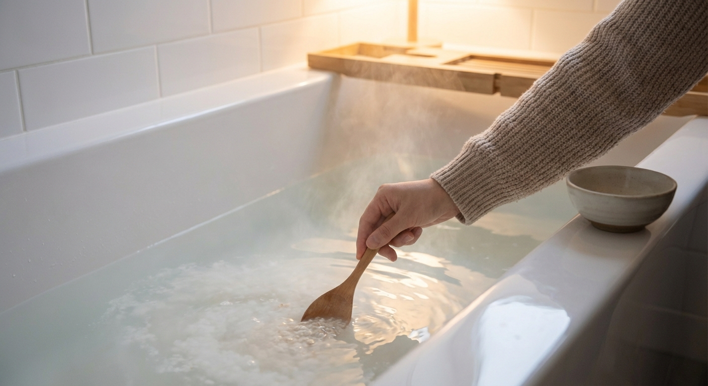 A hand stirring colloidal oatmeal into a warm bath as steam rises in a clean bathroom