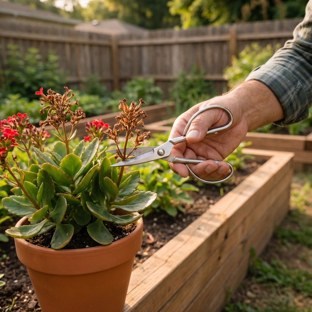 A hand using clean scissors to trim a spent flower stalk off a kalanchoe plant