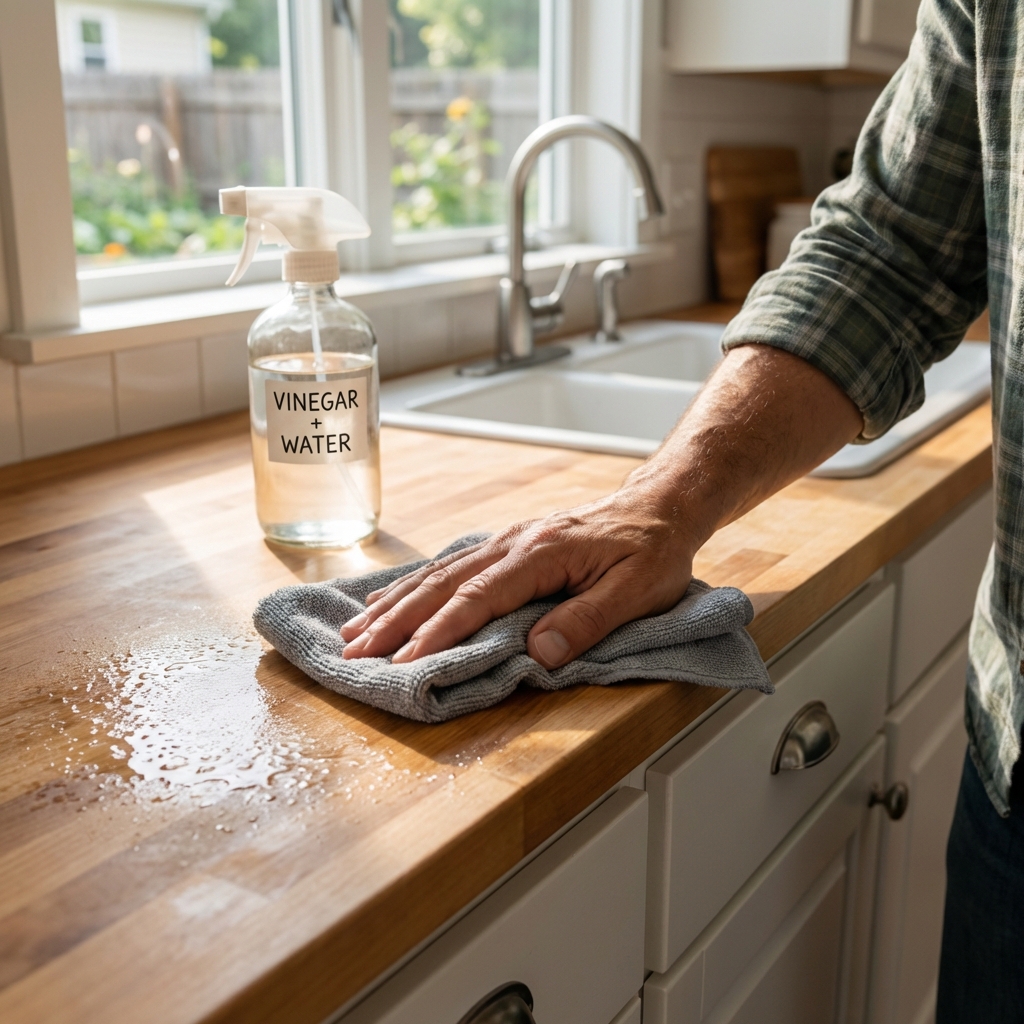 A hand wiping a kitchen counter edge with a cloth after spraying a vinegar and water solution