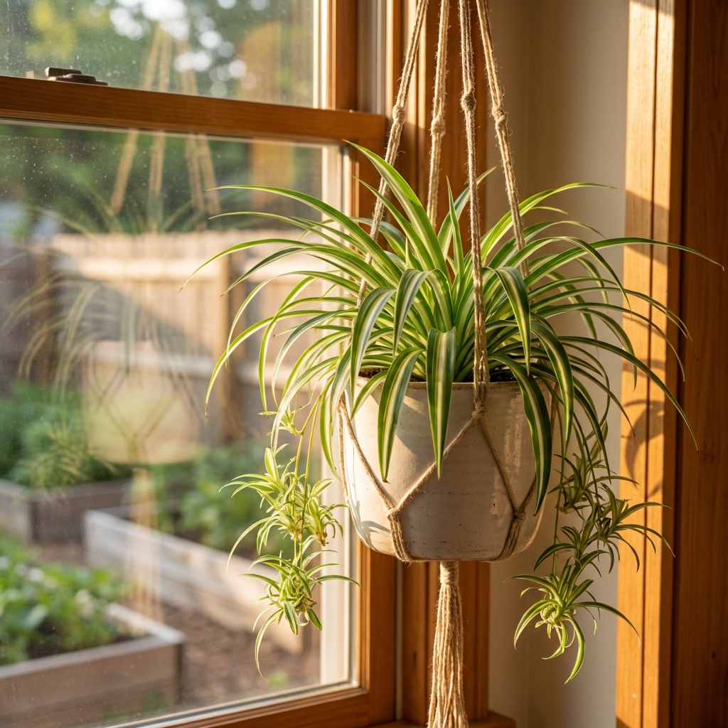 A hanging spider plant in a simple ceramic pot near a sunny window
