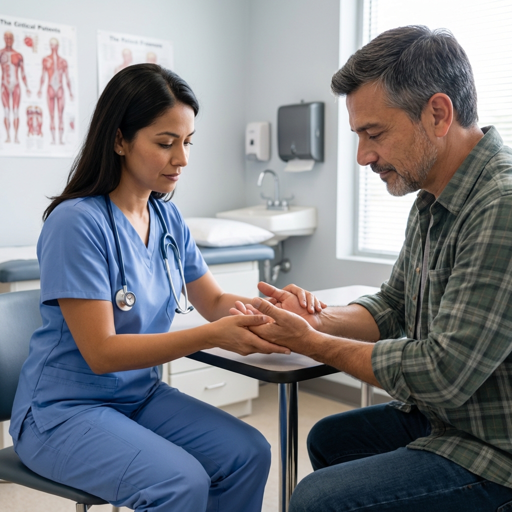 A healthcare professional examining a patient’s hands in a clinic room