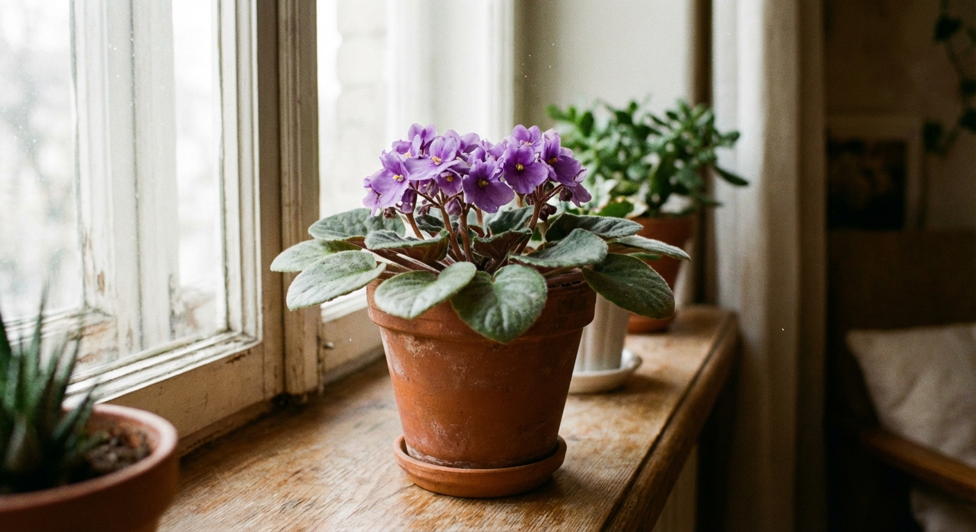 A healthy African violet in a small pot on a bright windowsill with soft daylight