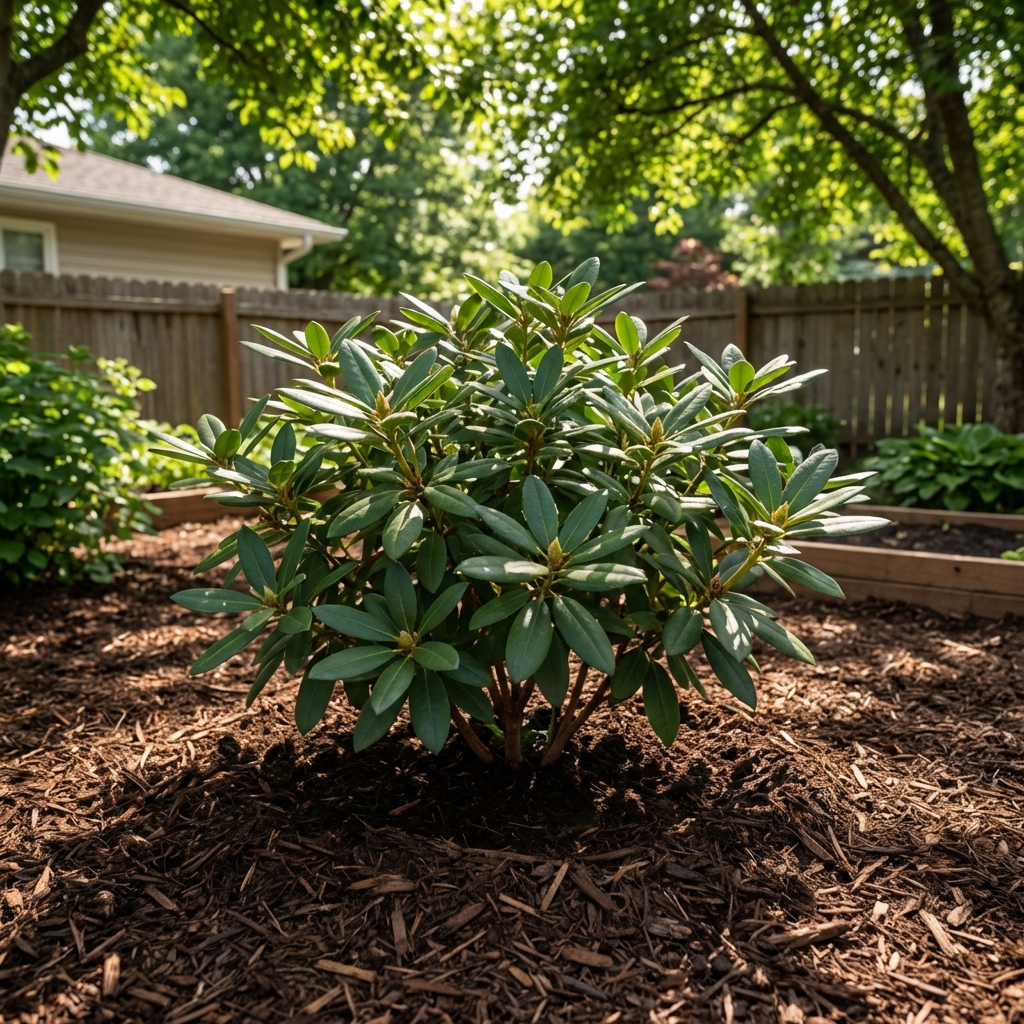 A healthy rhododendron newly planted in a mulched bed with dappled shade from nearby trees