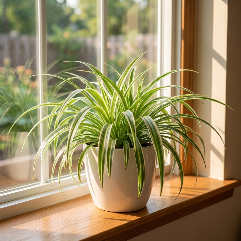 A healthy spider plant in a white pot with long arching green leaves in front of a sunny window
