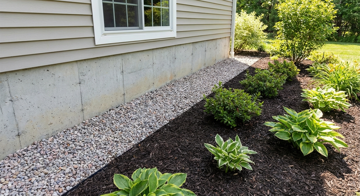 A home foundation with a clear gravel strip between the wall and nearby mulch