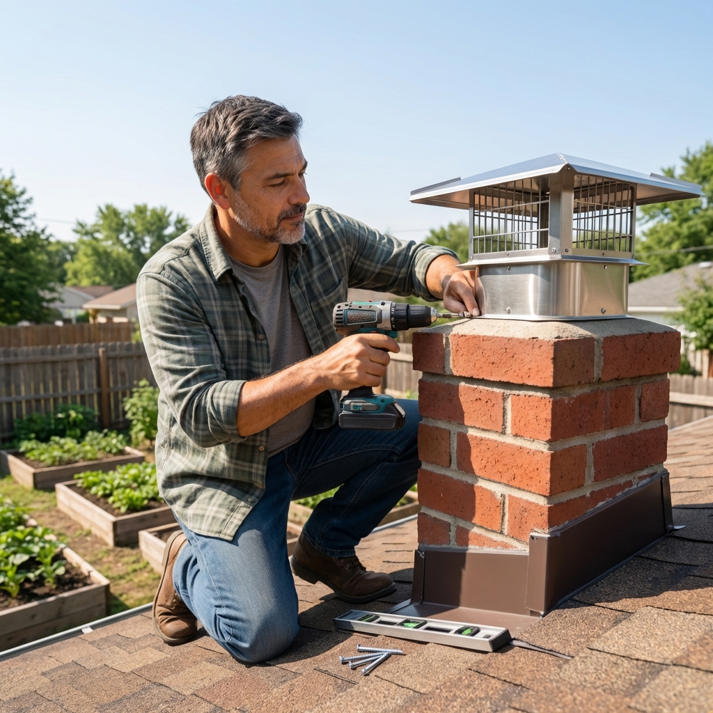 A homeowner installing a metal chimney cap on a brick chimney on a clear day