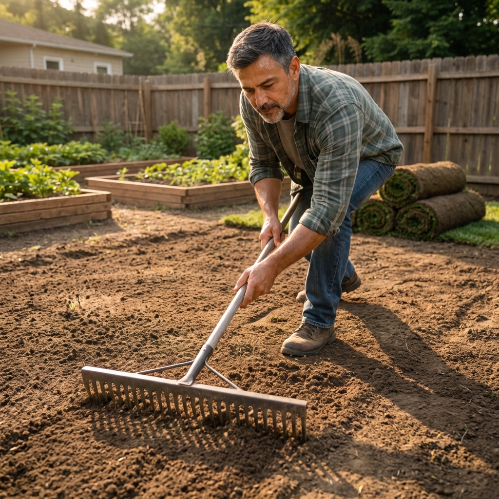 A homeowner leveling bare soil with a landscaping rake in a sunny backyard before laying sod