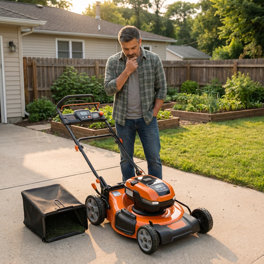 A homeowner looking down at a smart push lawn mower on a driveway with the grass catcher removed