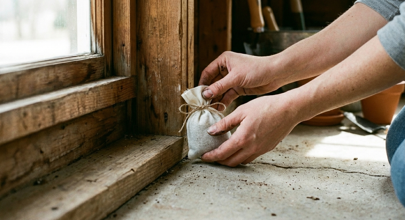 A homeowner placing a small breathable sachet near a garage door corner