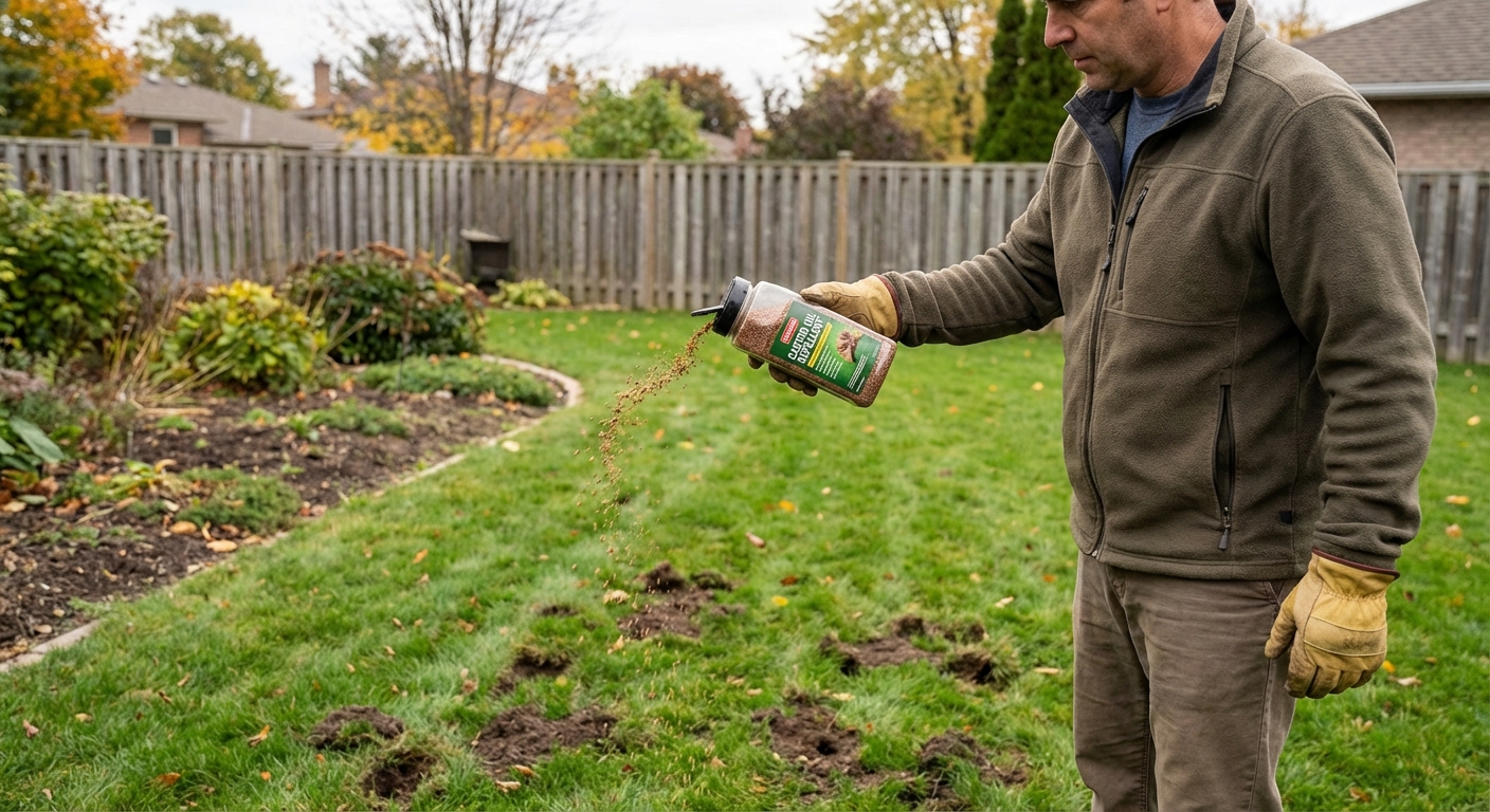 A homeowner sprinkling castor oil repellent granules from a handheld shaker over a patch of lawn near small digging holes, realistic outdoor photo