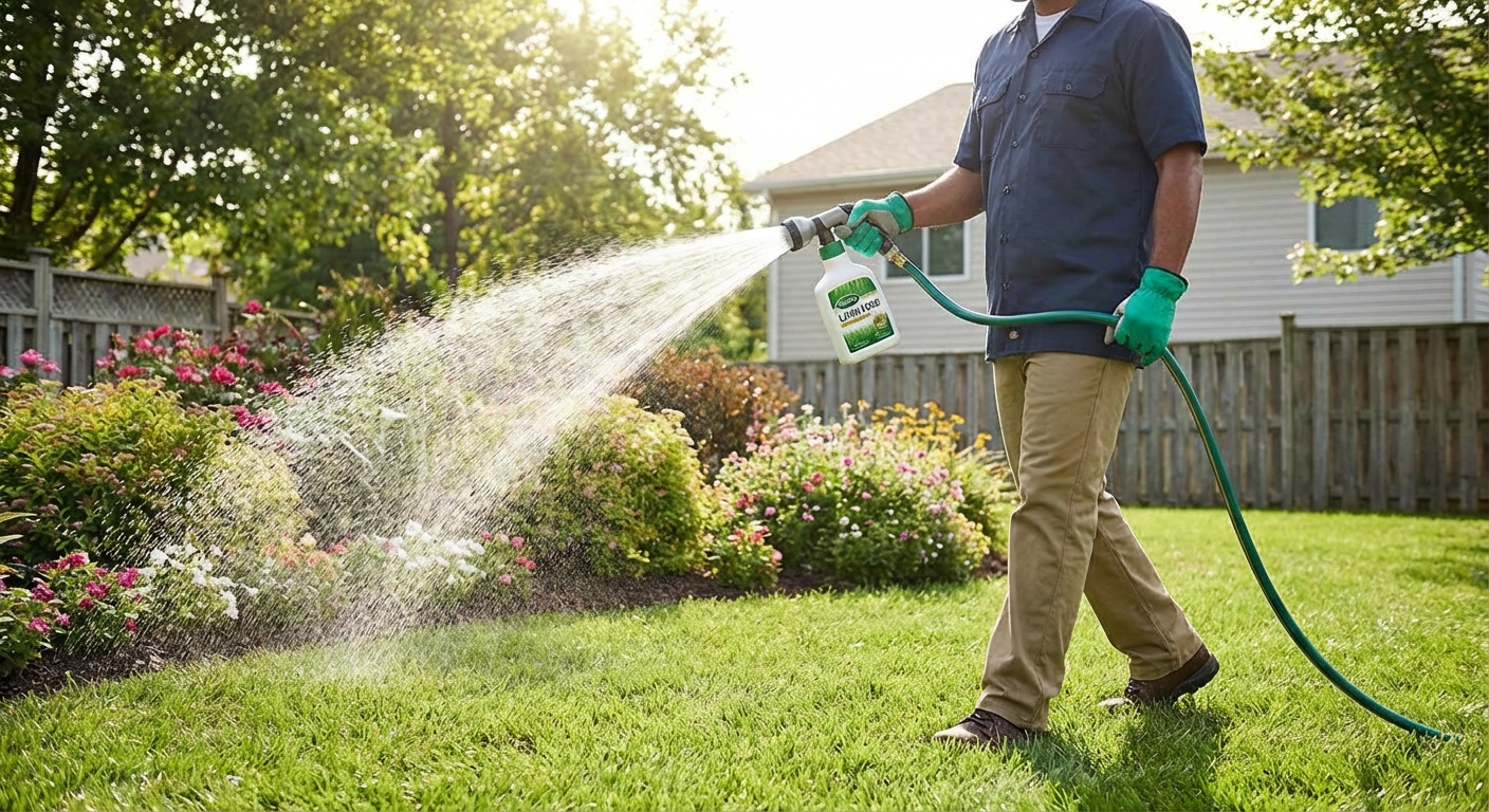 A homeowner using a hose-end sprayer to apply a lawn treatment across a grass yard near garden beds, bright daylight, photorealistic suburban backyard