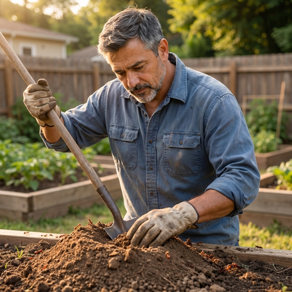 A homeowner using a long-handled shovel to gently open a fire ant mound in a backyard before treatment