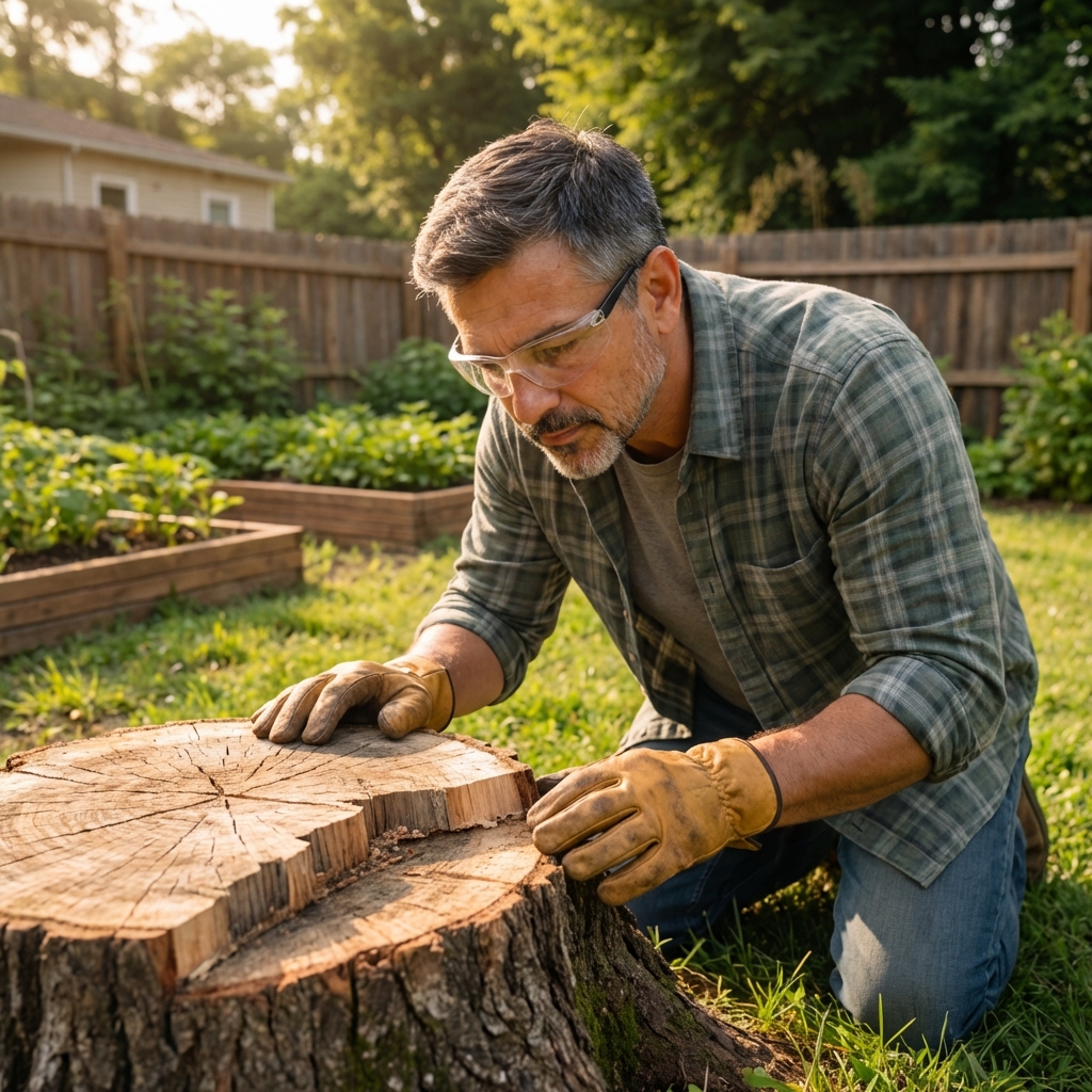 A homeowner wearing gloves and eye protection inspecting a tree stump in a grassy backyard on a sunny day