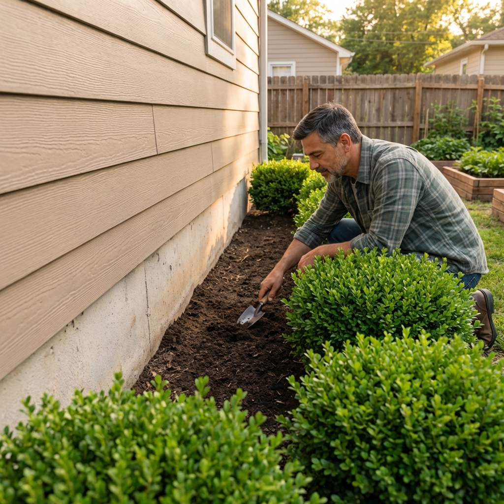 A house exterior with a narrow mulch-free strip along the foundation and trimmed shrubs