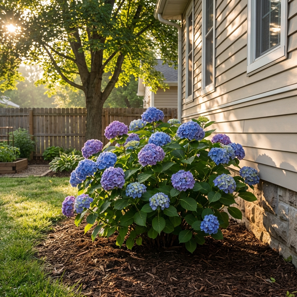 A hydrangea shrub planted near a house foundation with morning sun and light shade from a nearby tree
