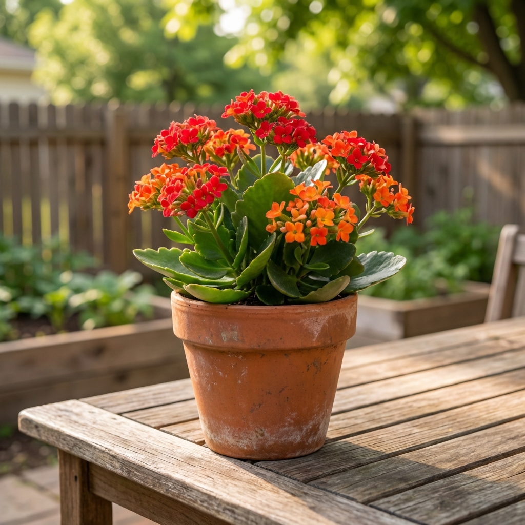 A kalanchoe plant in a pot sitting outdoors on a patio table in bright shade