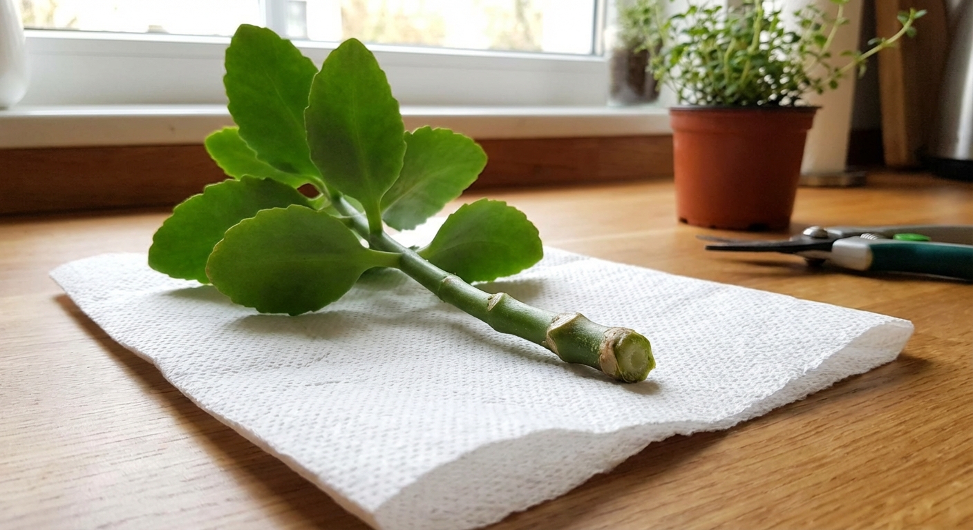 A kalanchoe stem cutting drying on a paper towel on a kitchen counter