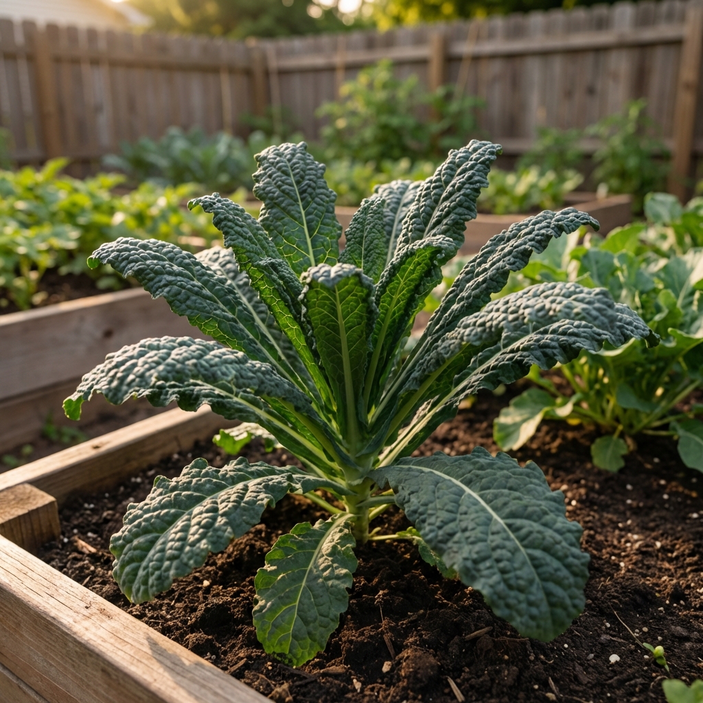 A kale plant with textured dark green leaves growing in a garden bed