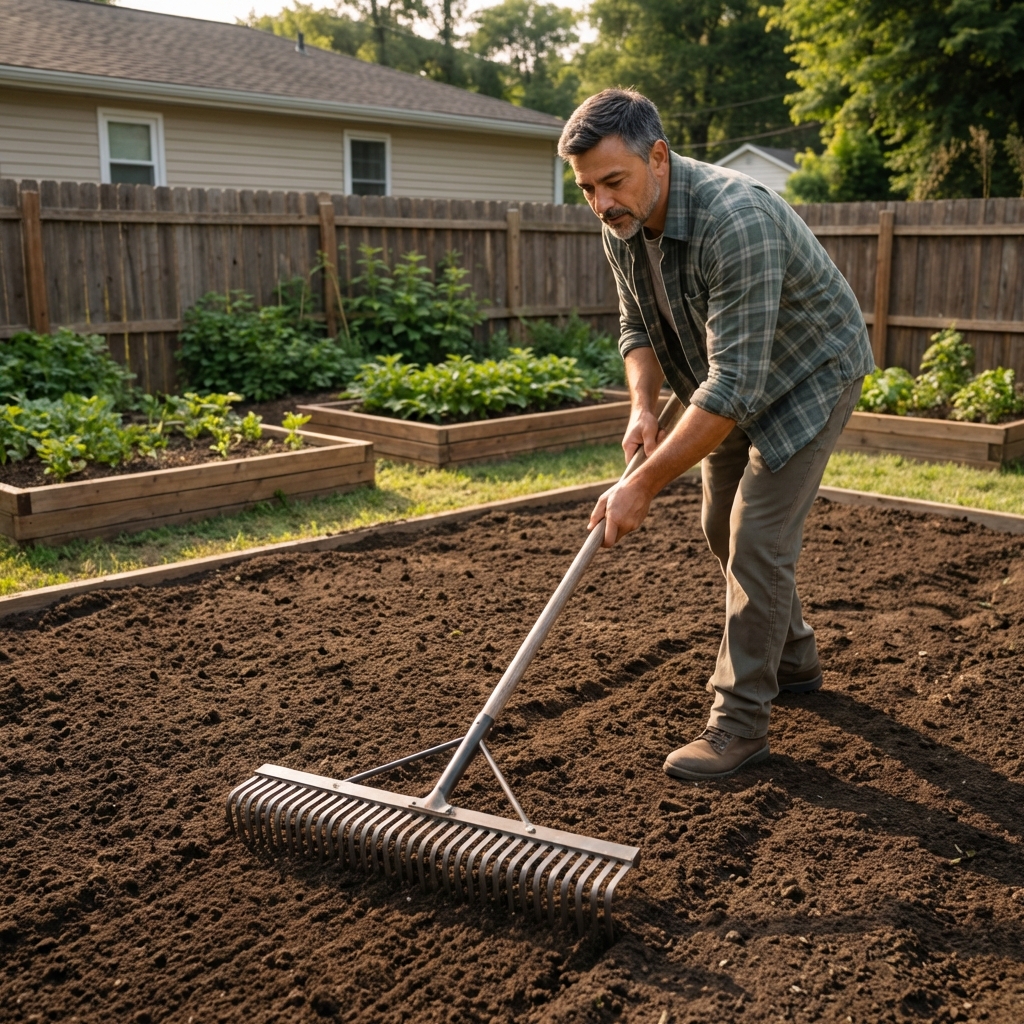 A landscape rake smoothing and leveling dark soil in a backyard lawn area