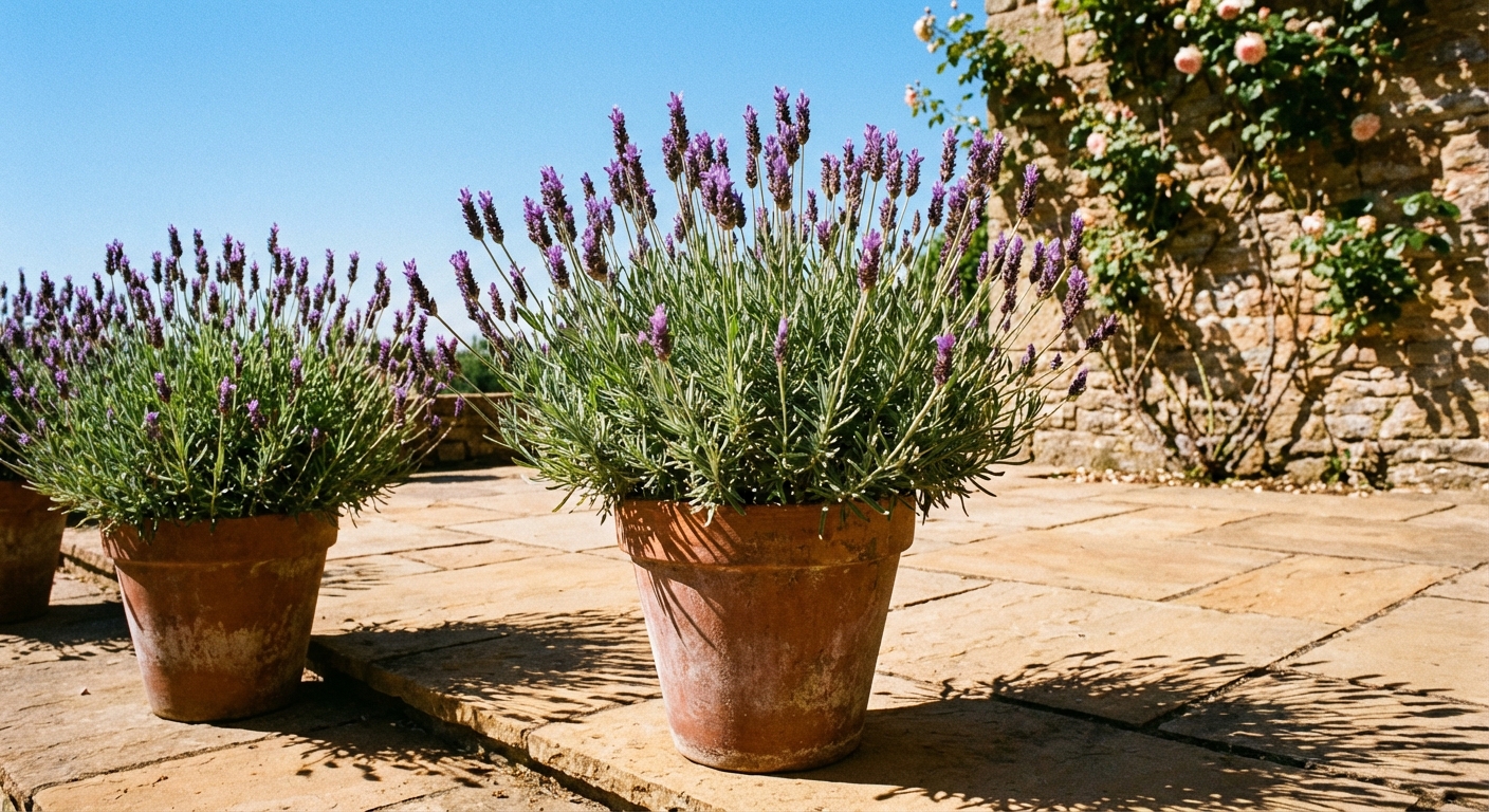 A lavender plant in a terracotta pot placed on a bright patio in direct sunlight, with sharp shadows and clear blue sky in the background, photorealistic