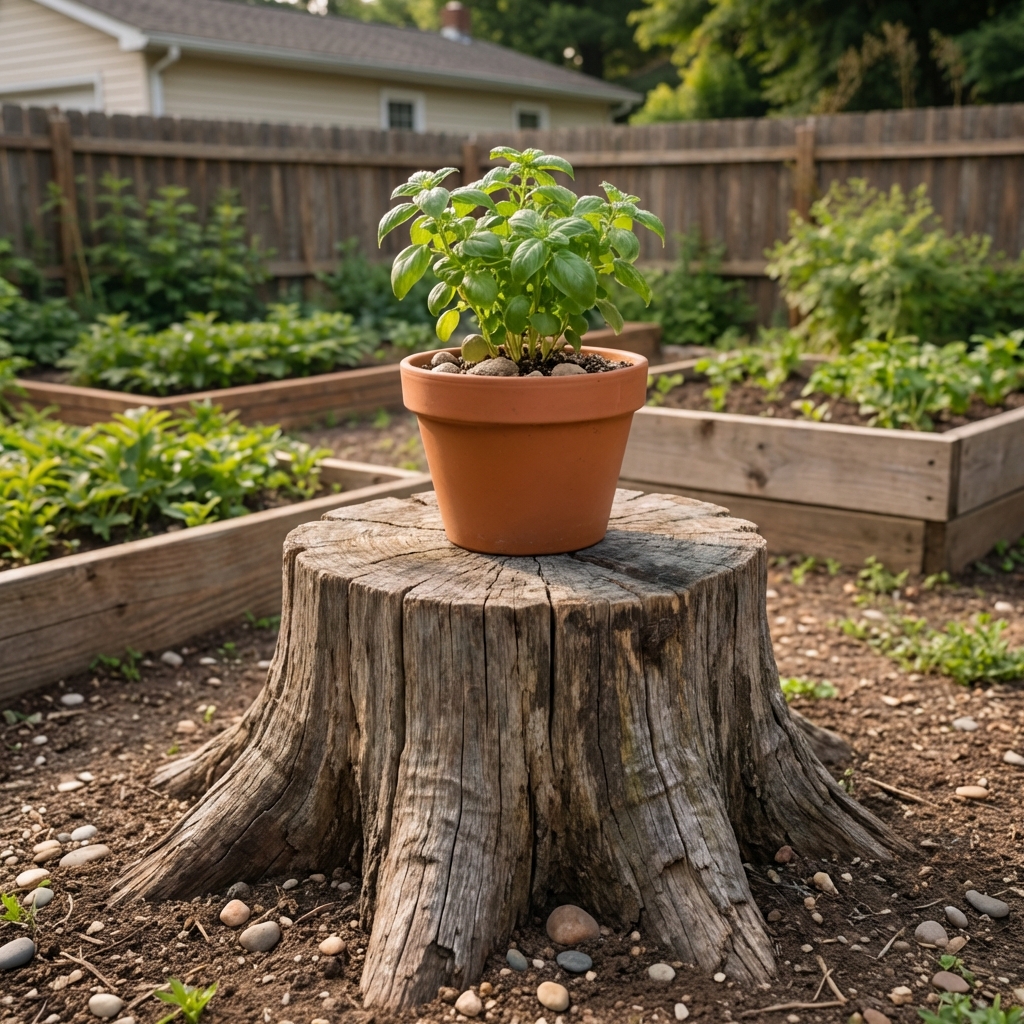 A low cut tree stump used as a small garden stand with a potted plant on top in a backyard