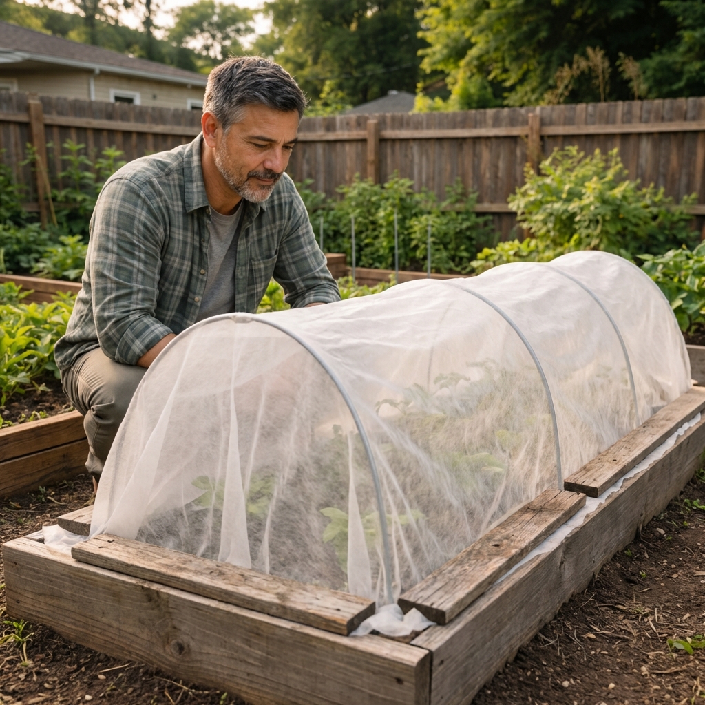 A low hoop row cover over a vegetable bed with the fabric secured along the edges using boards