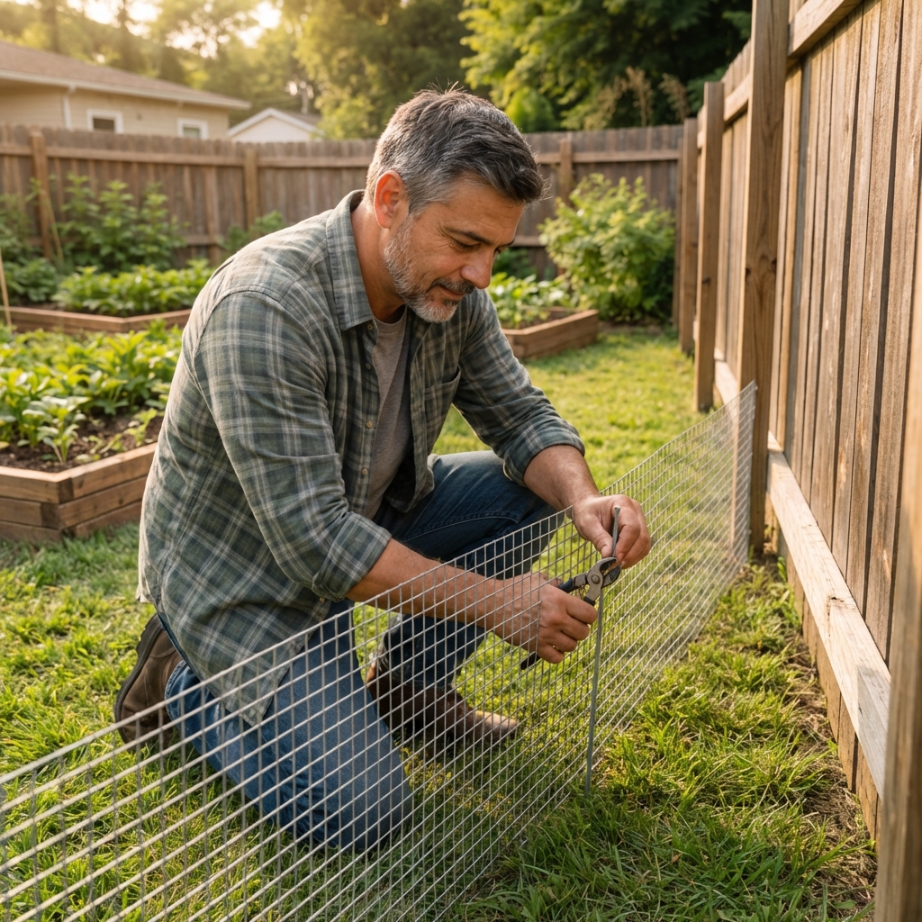 A low metal mesh fence installed along the base of a backyard fence line with the grass trimmed short