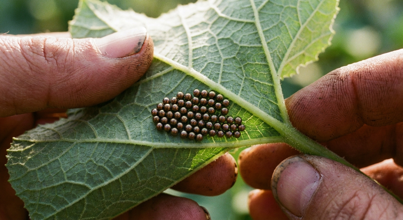 A macro photo of a cluster of bronze squash bug eggs attached to the underside of a squash leaf along a vein, with the leaf held up by a gardener's fingers, natural outdoor lighting