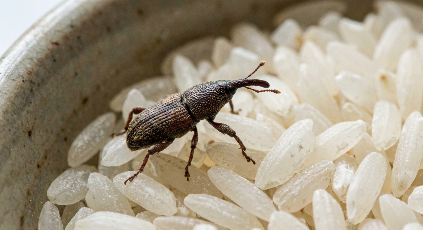 A macro photo of an adult weevil crawling on uncooked white rice grains inside a bowl, high detail, natural kitchen lighting