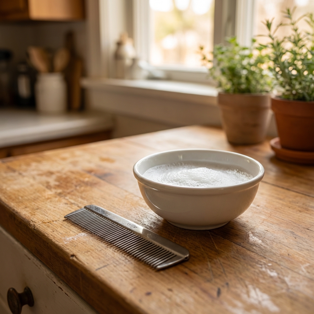 A metal flea comb next to a small bowl of soapy water on a kitchen counter