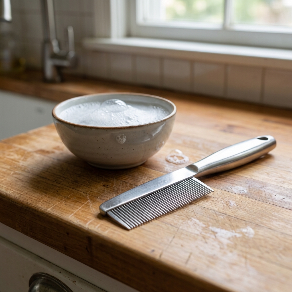 A metal flea comb next to a small bowl of soapy water on a kitchen counter