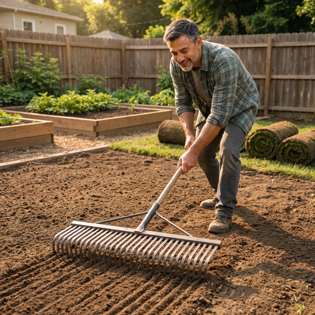 A metal landscape rake smoothing and leveling bare soil before sod installation